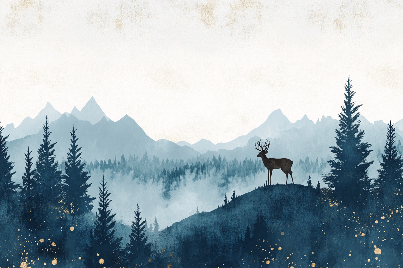 Deer on hilltop, forest, mountains, simple watercolor style.