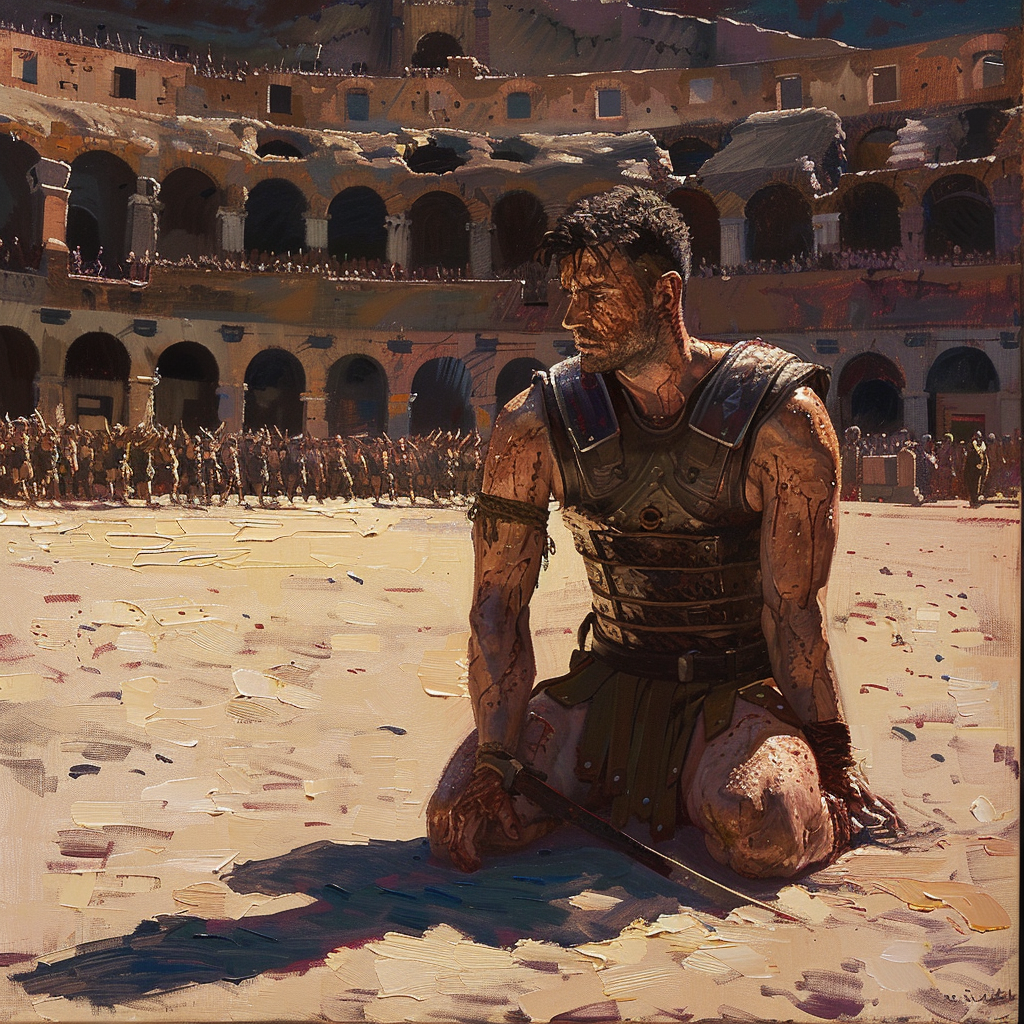 Defeated gladiator in Coliseum awaiting crowd's decision, dramatic scene.