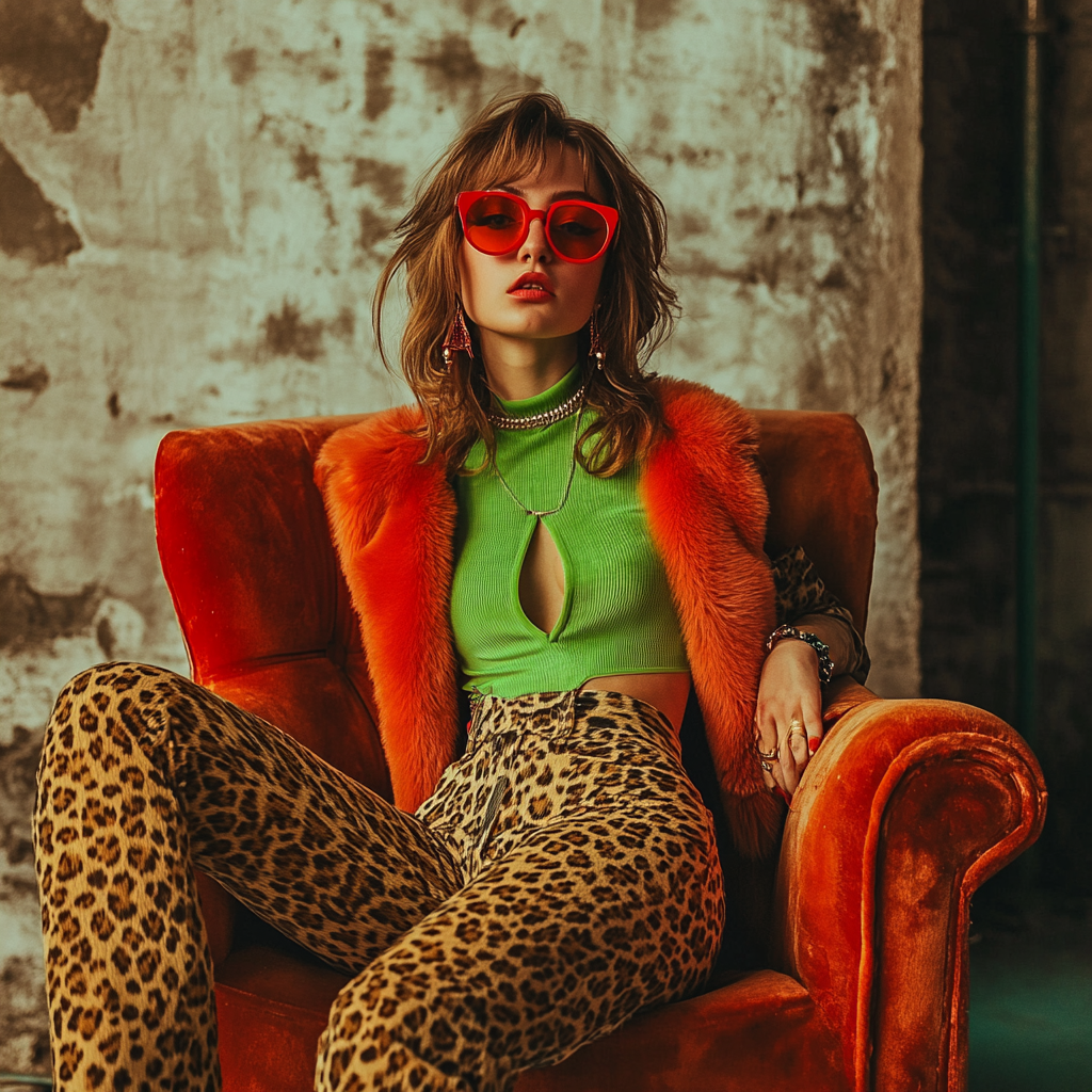 Defiant girl in leopard pants and red fur coat.