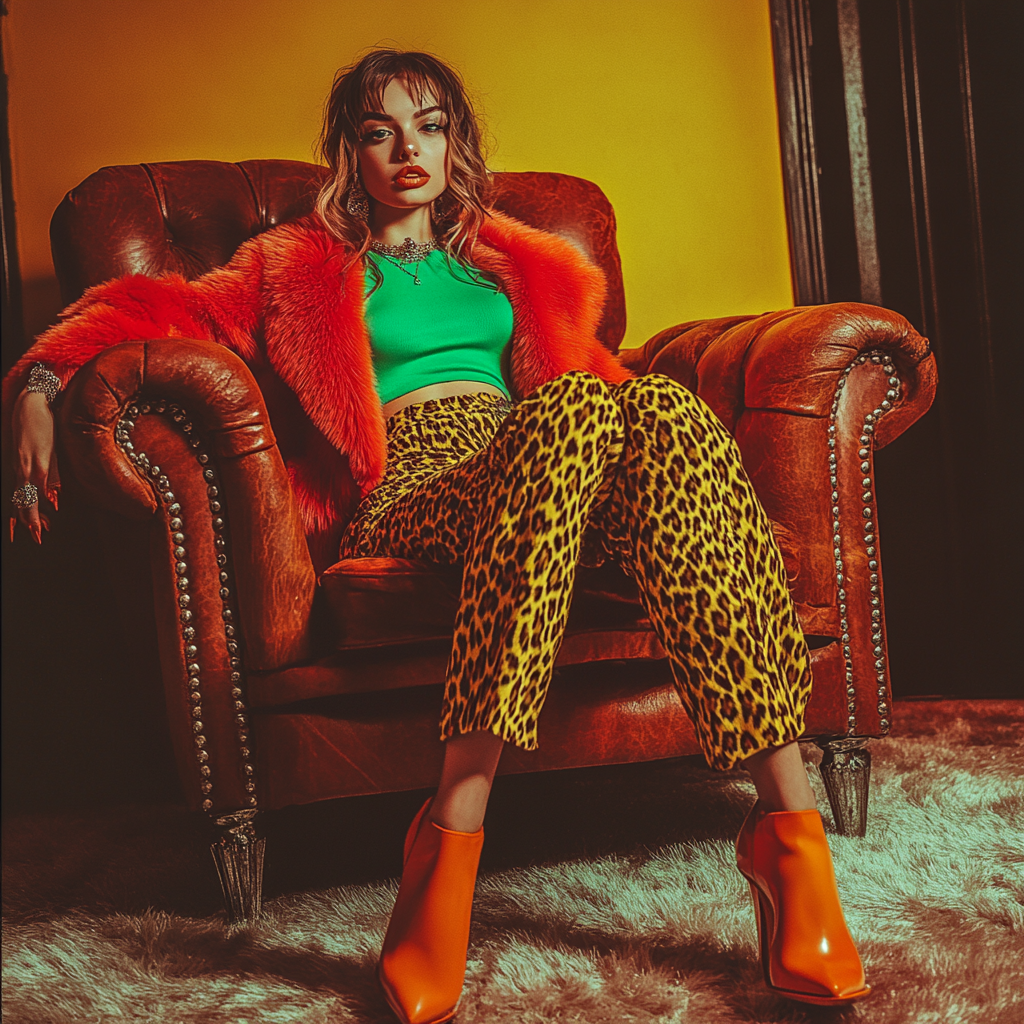 Defiant rock star in vintage photo shoot. Bright clothes.