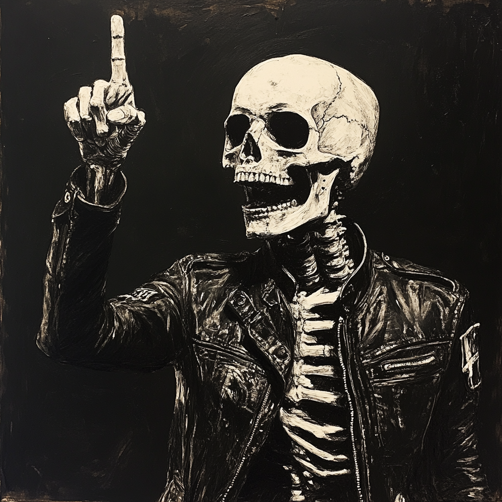 Defiant skeleton in motorcycle jacket flipping middle finger backwards.