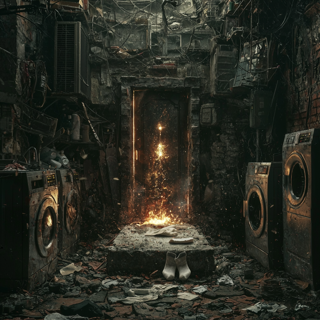 Deity altar with socks, washing machines in mystical atmosphere.