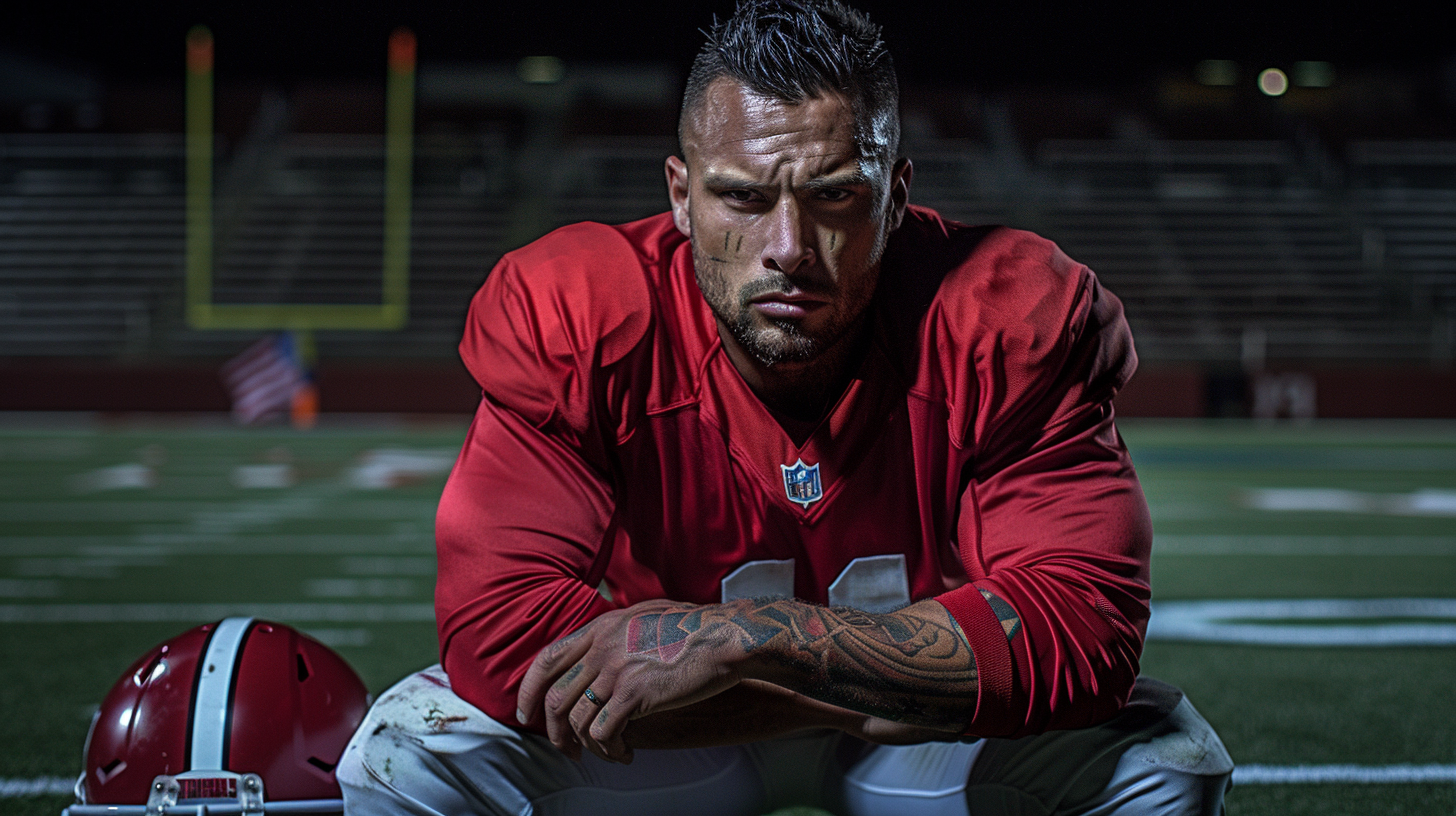 Dejected football player on sideline, tank on field, somber.