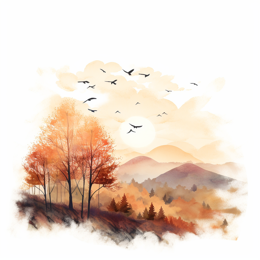 Delicate Bird Silhouettes in Autumn Landscape Watercolor Illustration