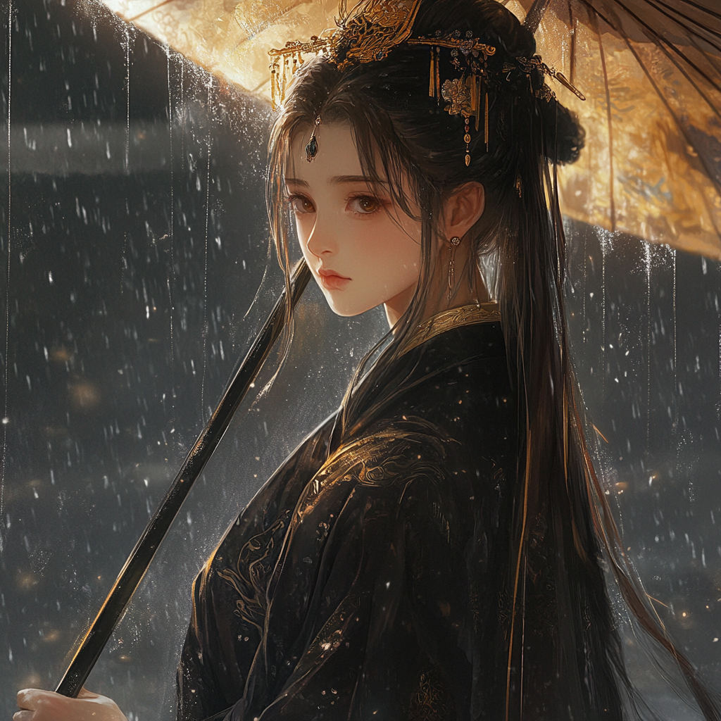 Delicate Chinese girl in Tang costume with umbrella.