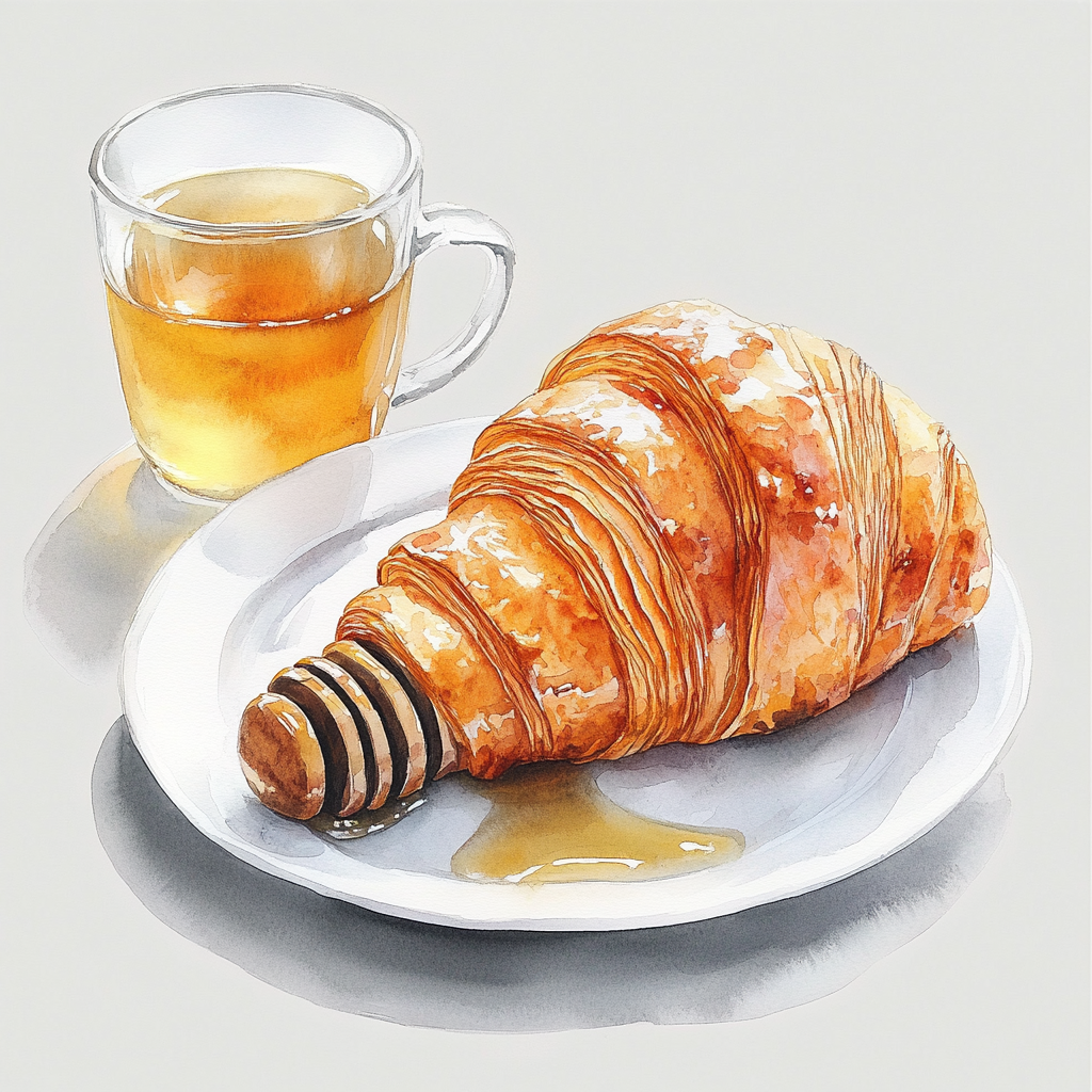 Delicate croissant, honey, tea on porcelain plate