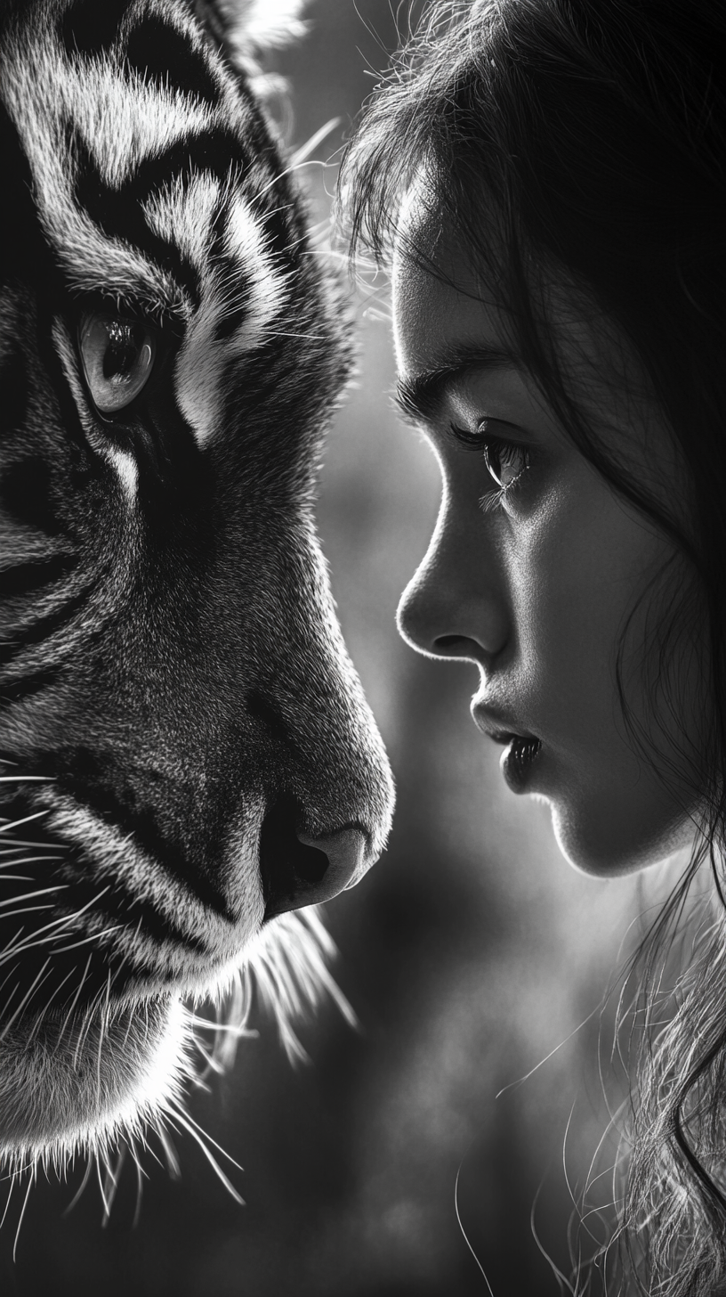 Delicate girl gazes into tiger's eyes, ultra detailed image.