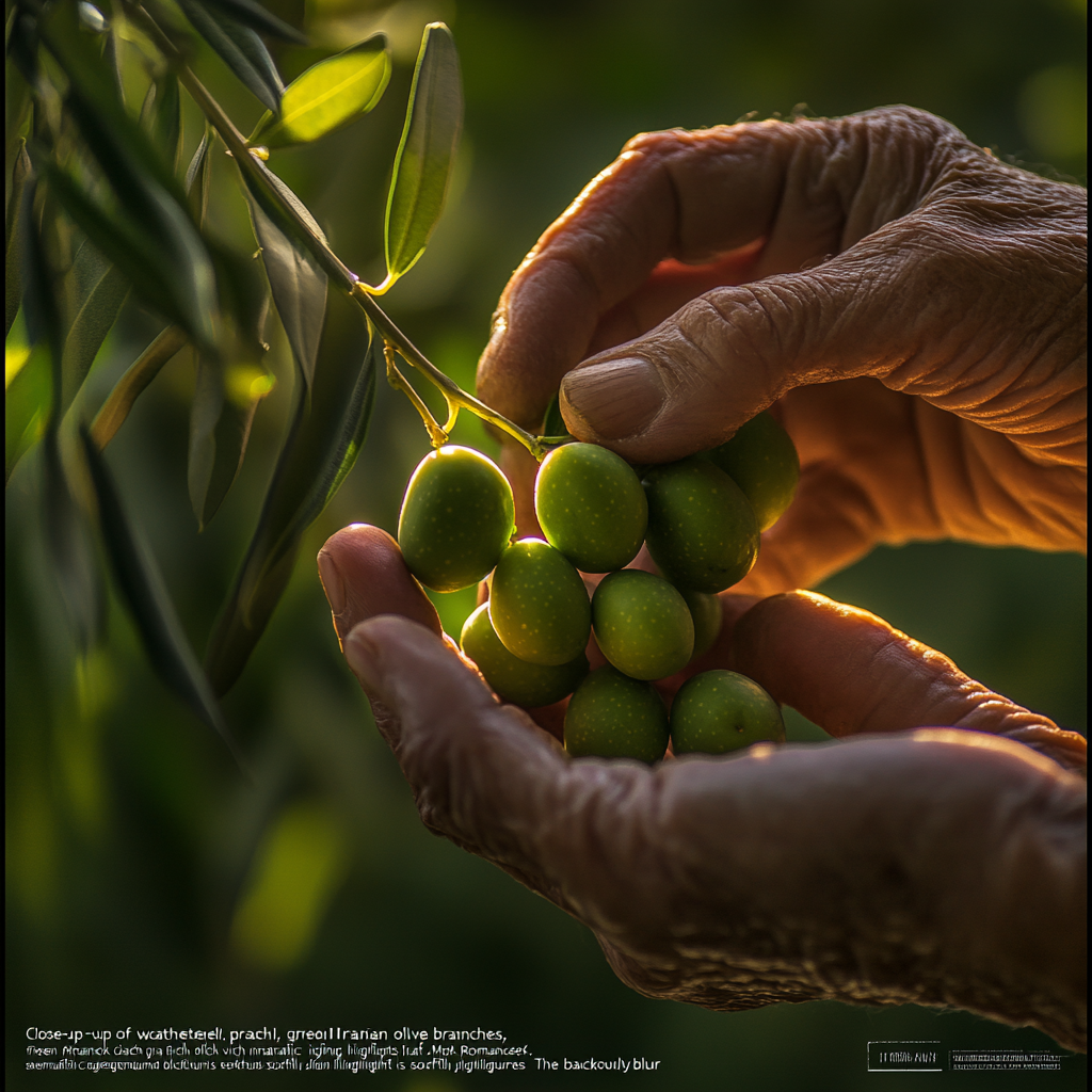 Delicate hands picking green Iranian olives softly