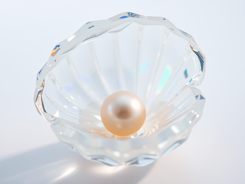 Delicate pearl in crystal shell, glimmering with refracted colors.