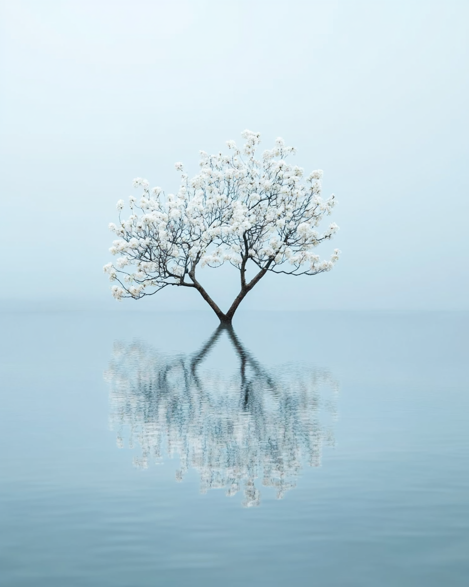 Delicate tree with white flowers reflected in calm water.