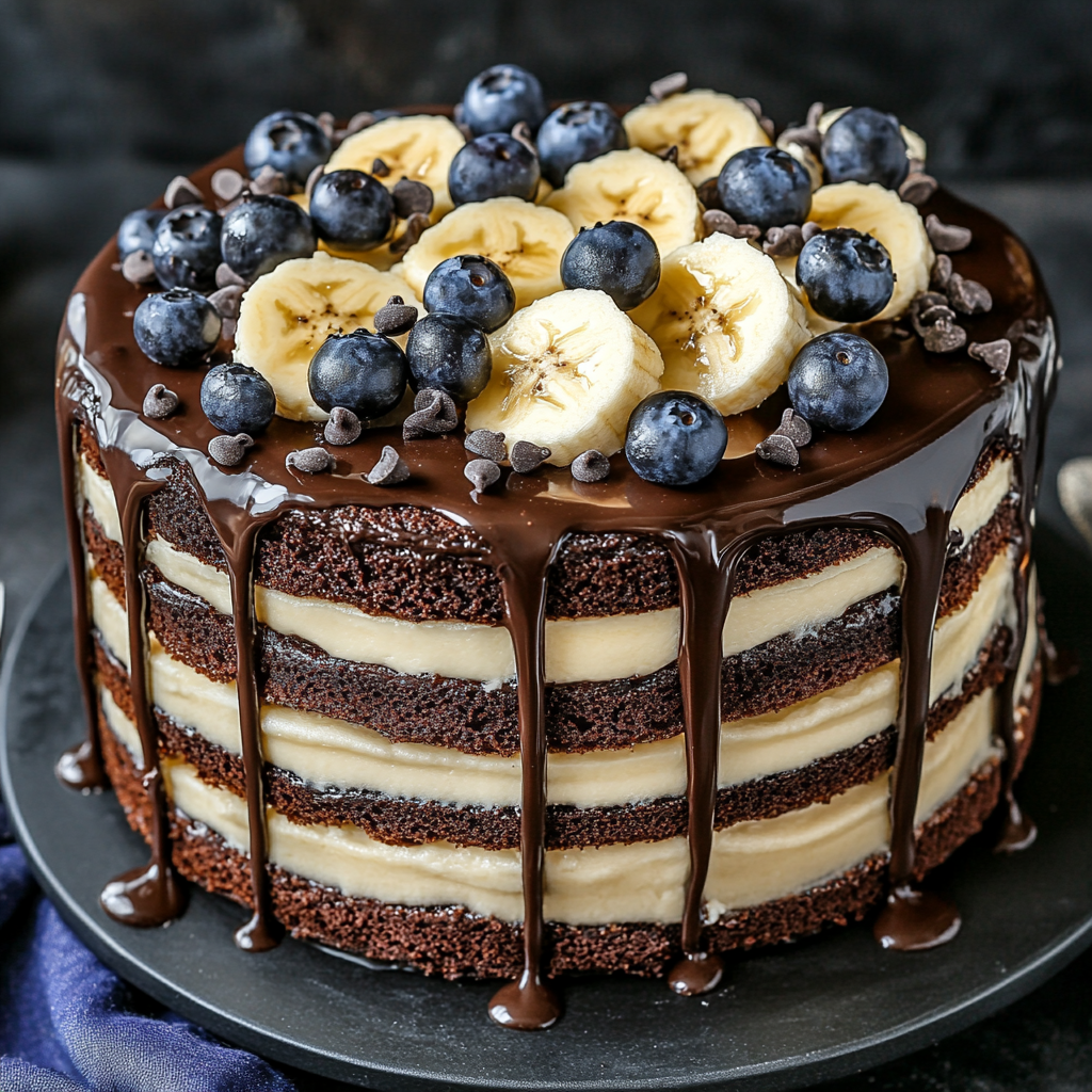 Delicious Chocolate Banana Layered Cake with Blueberries