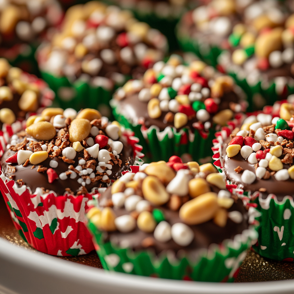 Delicious Christmas chocolate and peanut treats arrangement.