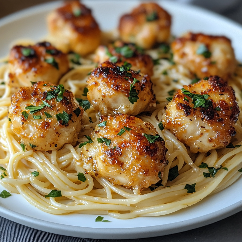 Delicious Golden Garlic Chicken Bites on Creamy Spaghetti