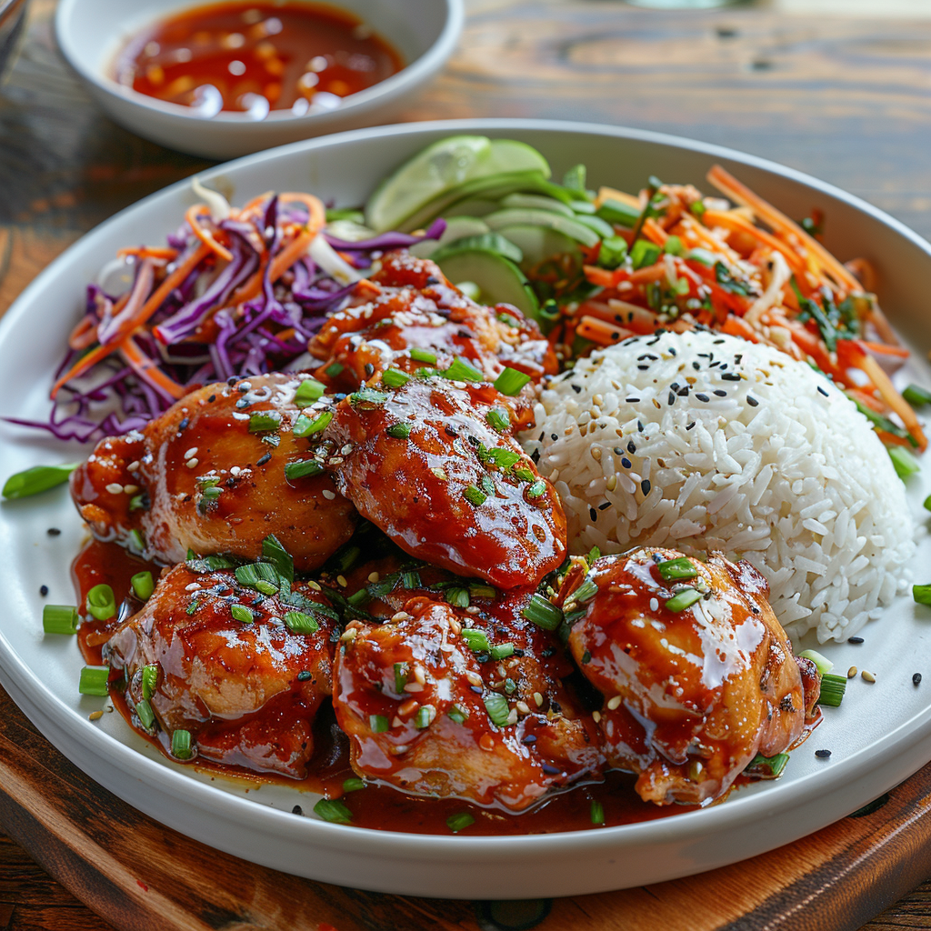 Delicious Korean Spicy Chicken on Plate with Vegetables