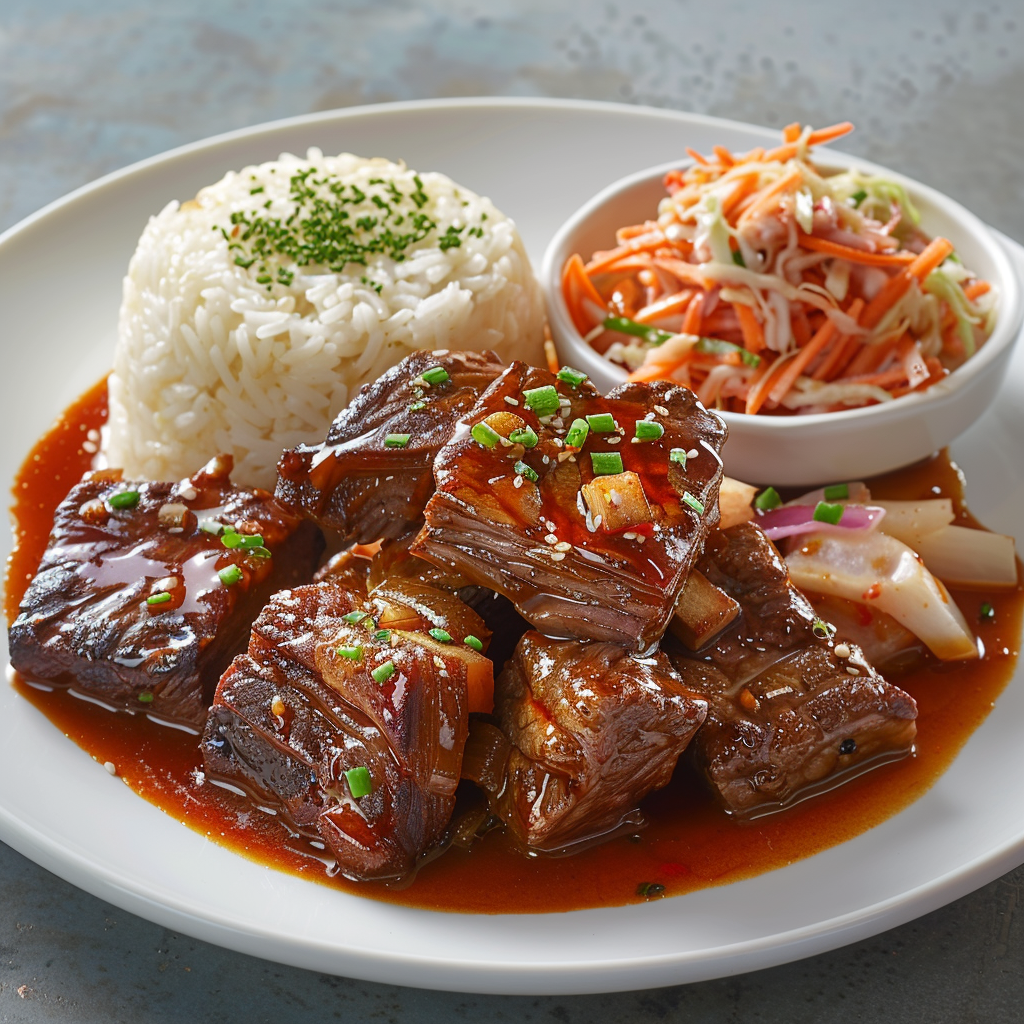 Delicious Korean beef, rice, coleslaw on white plate