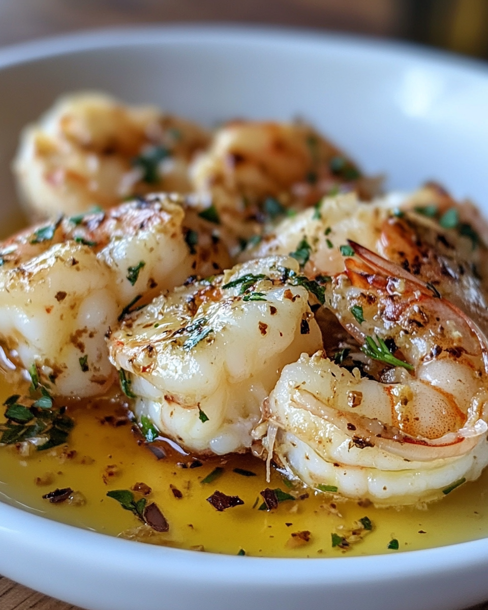 Delicious Lemon Garlic Shrimp Skewers in White Bowl.