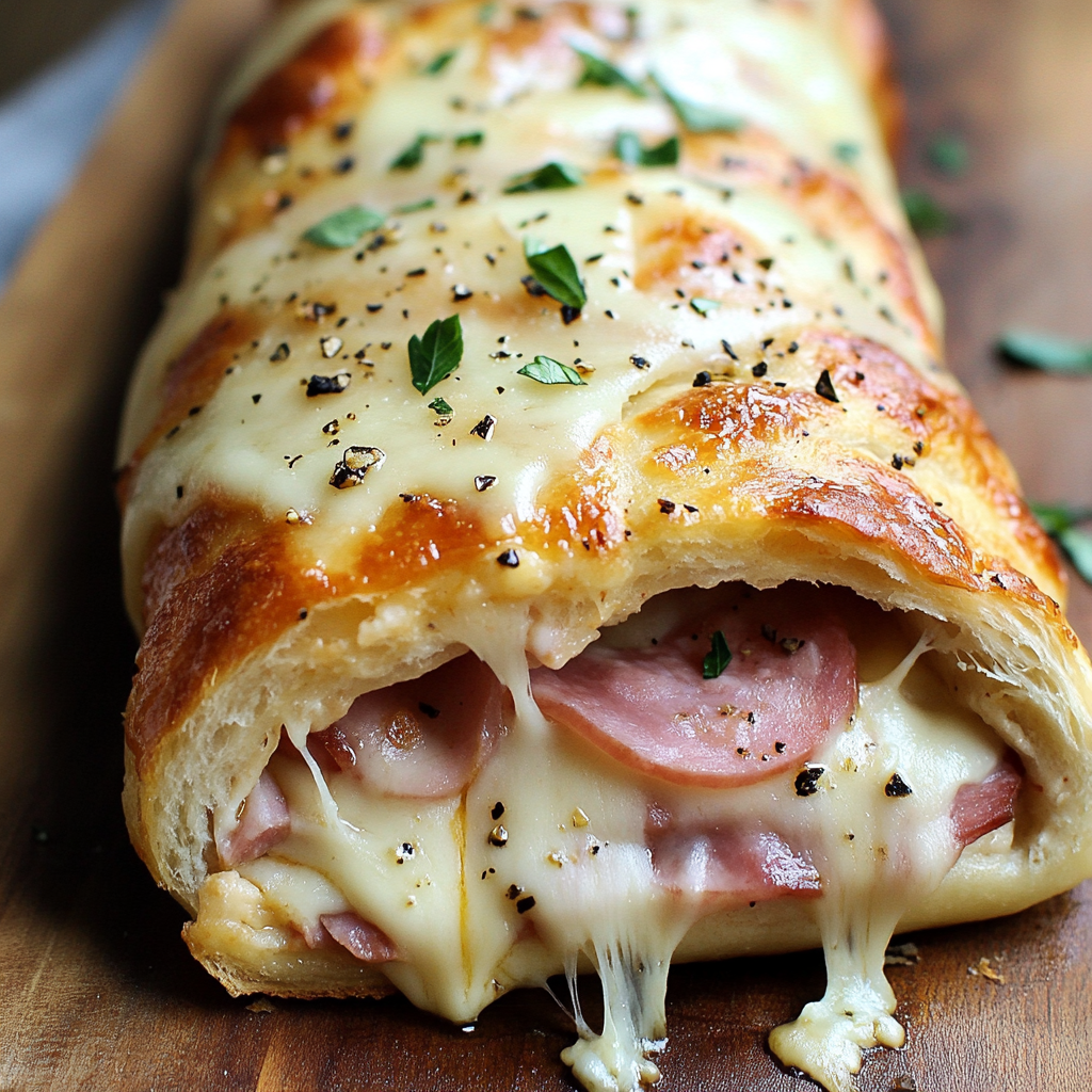 Delicious Stromboli on Wooden Board, Sliced and Stuffed.