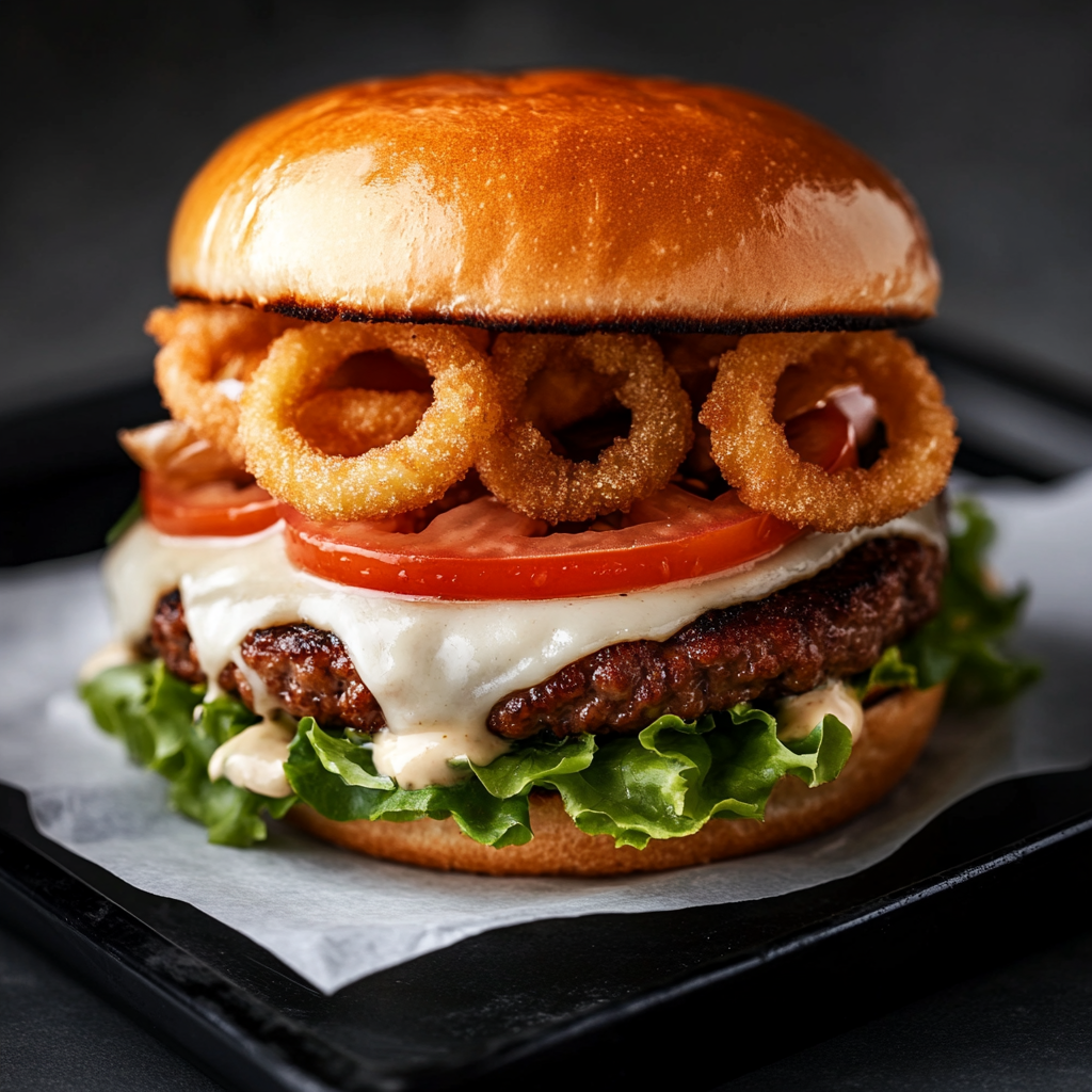 Delicious beef burger with melted cheese and veggies.