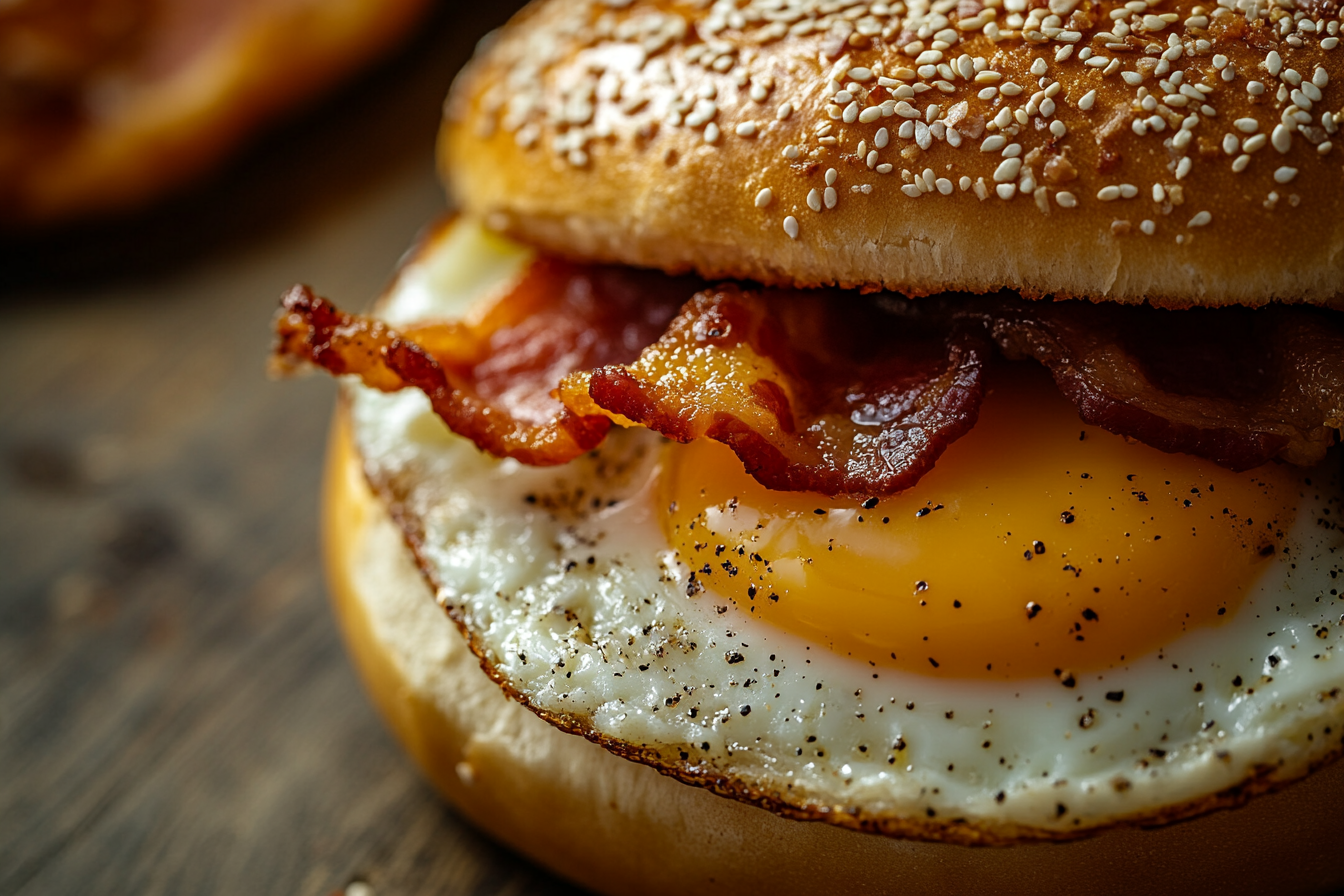 Delicious breakfast sandwich with egg, bacon, and cheese.