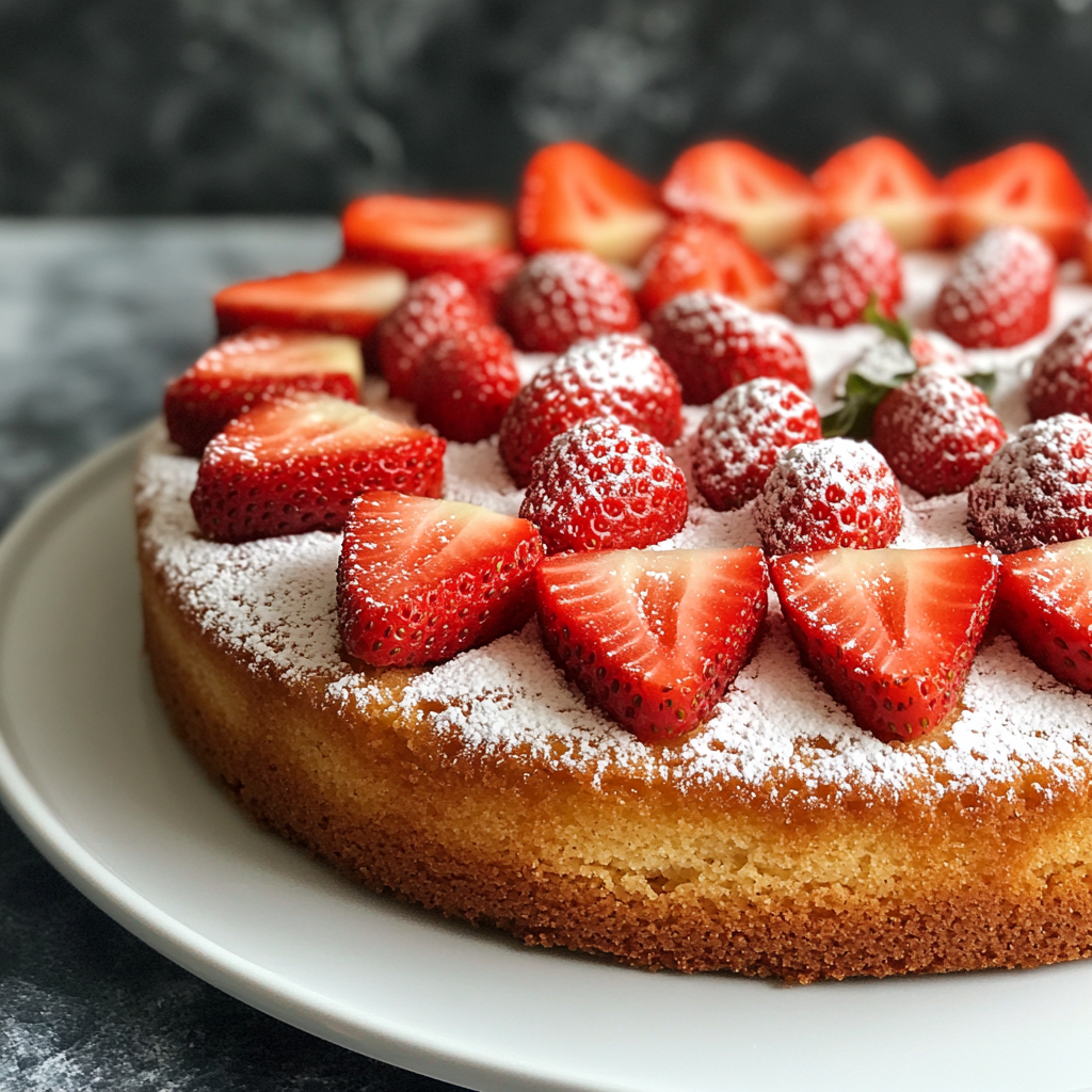 Delicious cake with fresh strawberries and sweet powdered sugar