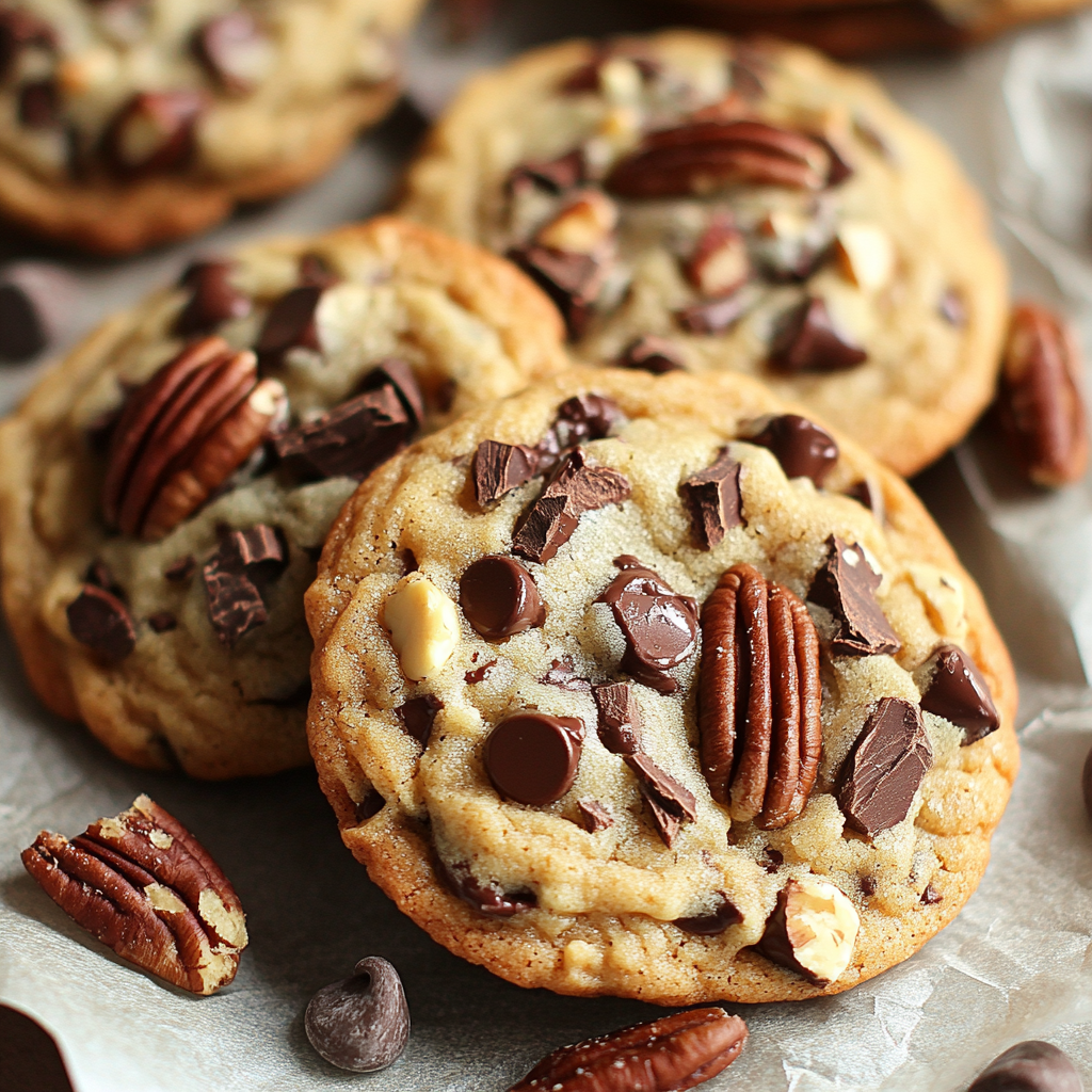 Delicious chocolate chip cookies with pecans on parchment.