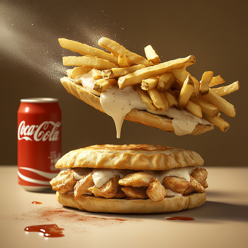 Delicious frozen galette sandwich with flying chicken & fries.