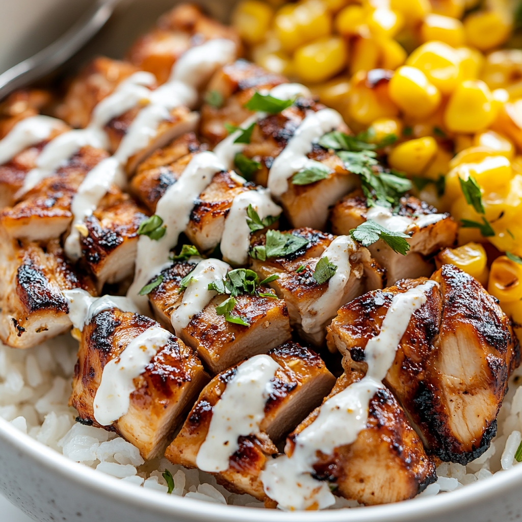 Delicious rice bowl with grilled chicken and corn