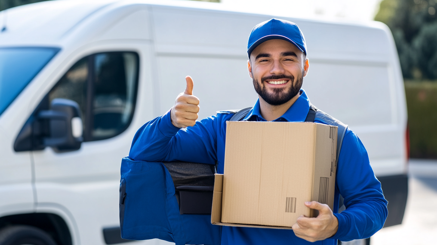 Delivery man in blue uniform with box and van.