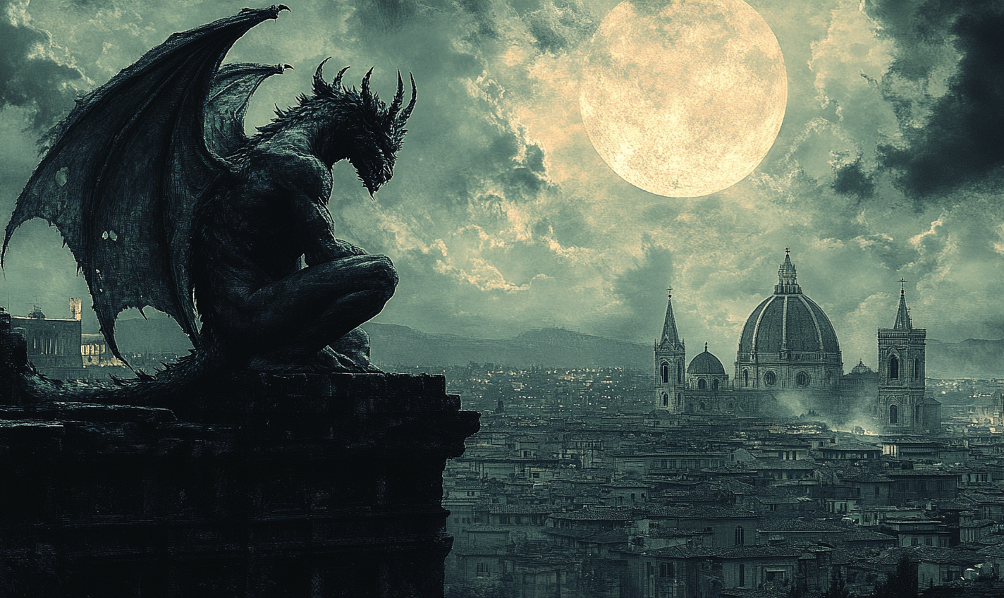 Demon in stockings on cathedral edge overlooking ancient city.