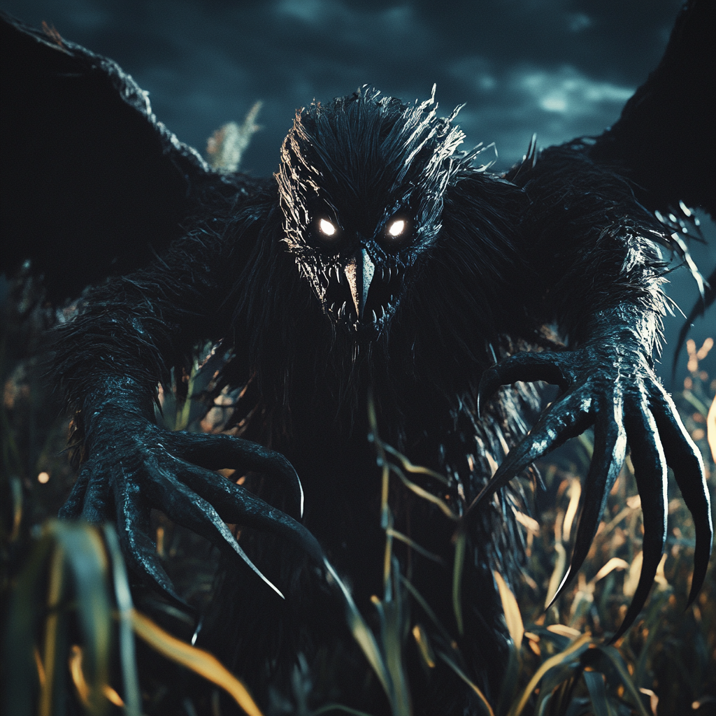 Demon scarecrow flying over farm at night, horror movie