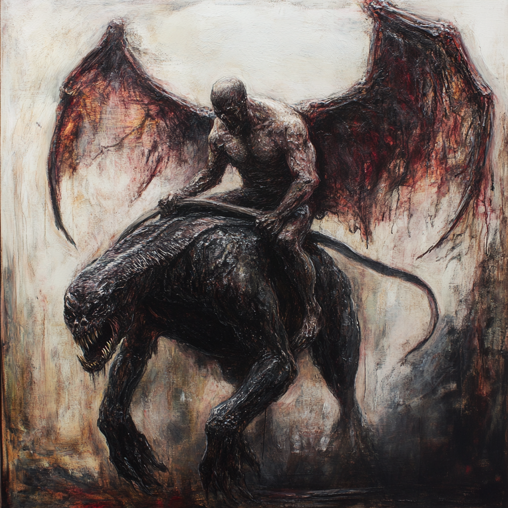 Demonic Monster Riding Winged Beast in Nightmarish World