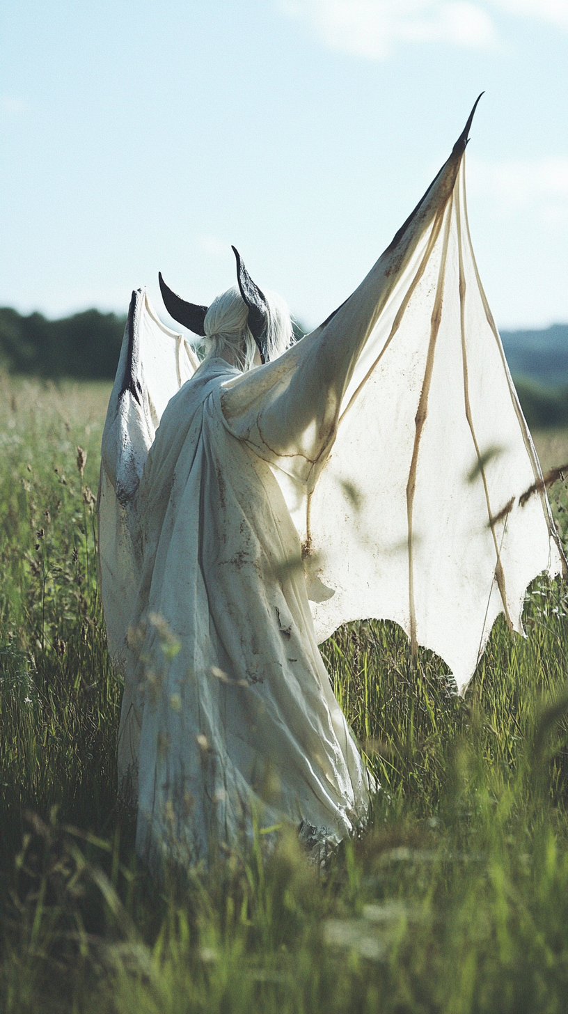 Demonic figure in rags standing in grassy field.