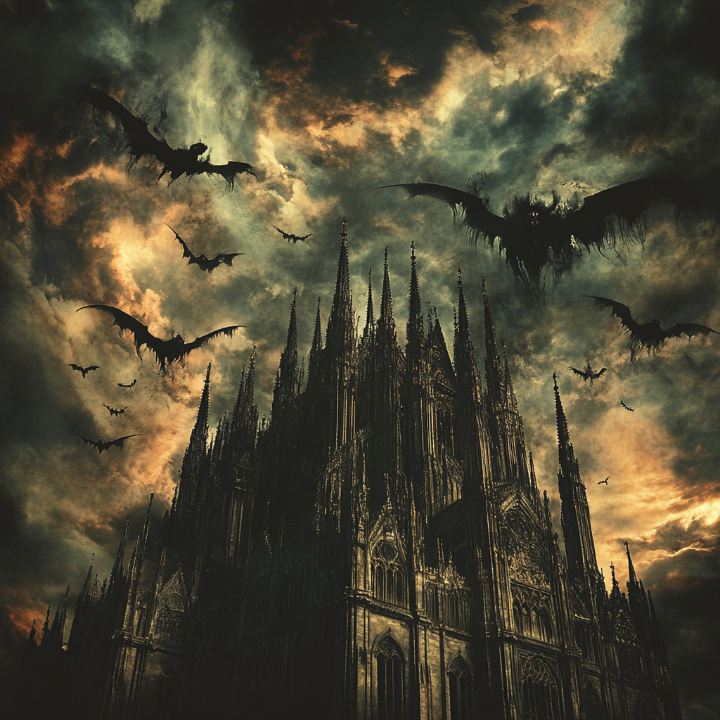 Demons flying around cathedral with dark clouds.