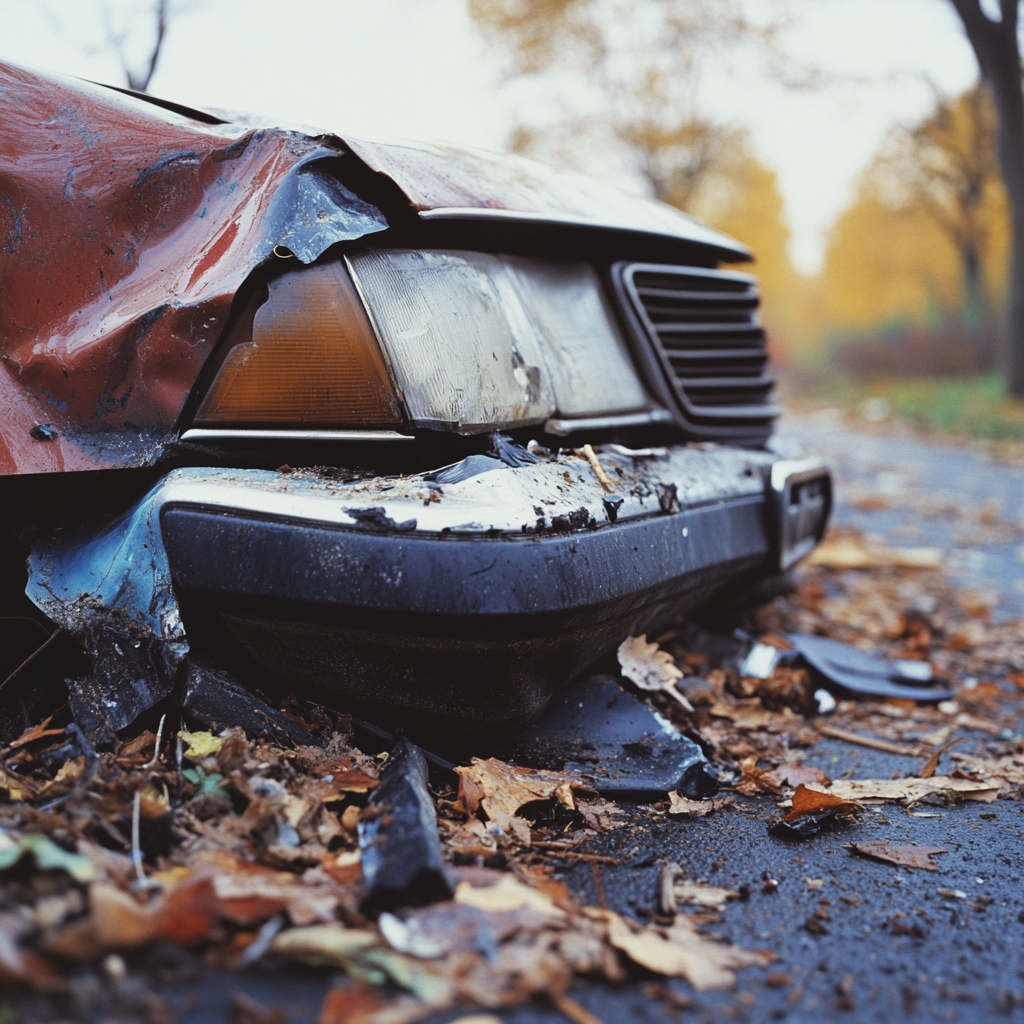 Dented bumper and cracked headlight of crashed car.