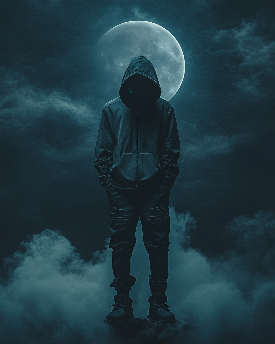 Depressed man in cyberpunk hoodie under cosmic moon.