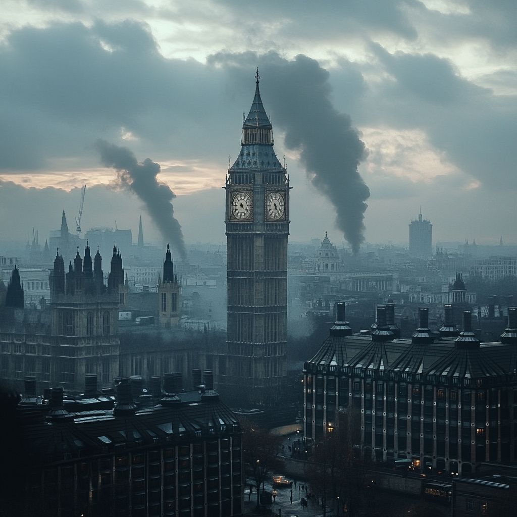 Depressing London cityscape, Big Ben, desolate socialist vibes