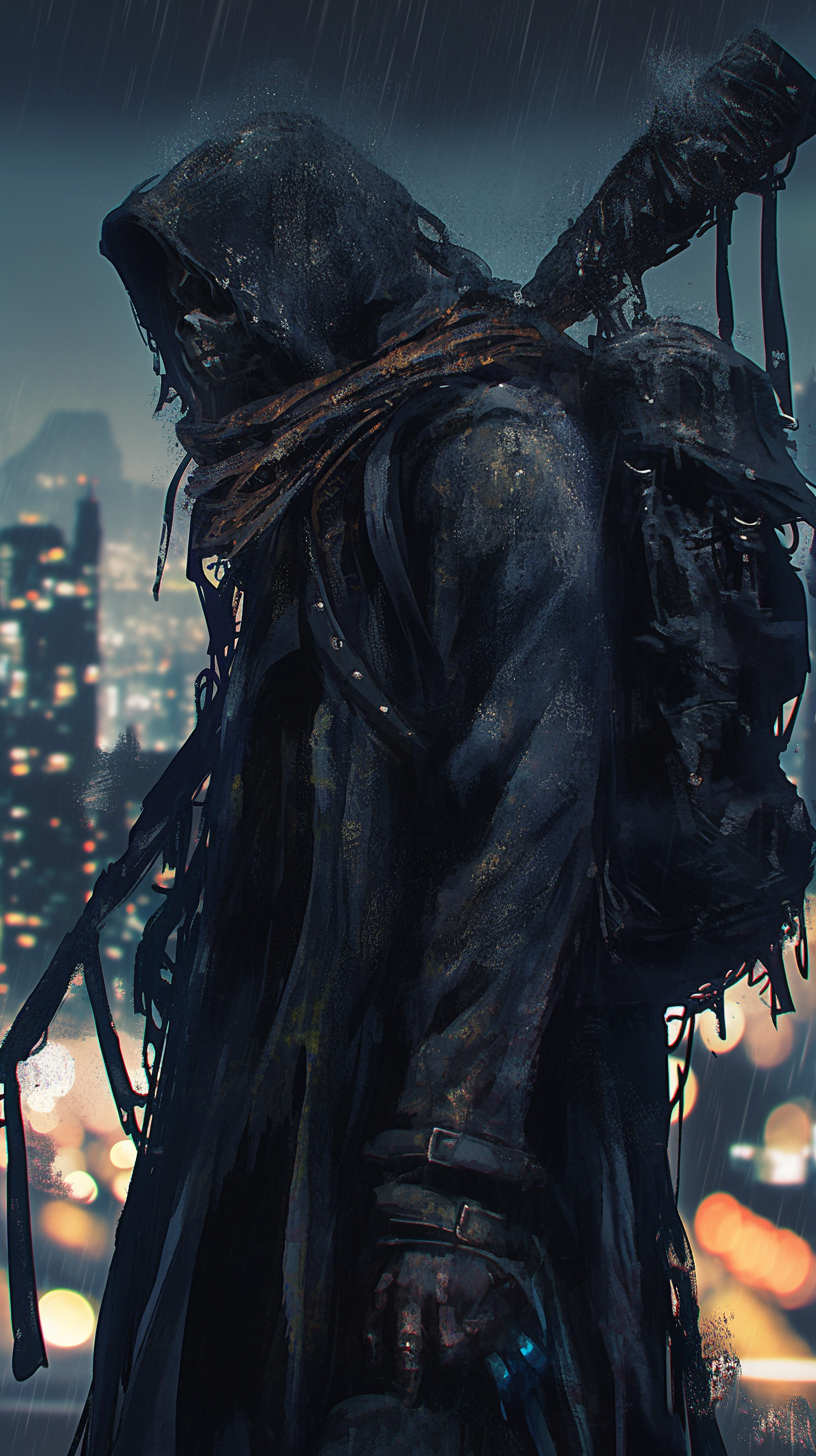 Derelict man with tattered coat in dark city setting.