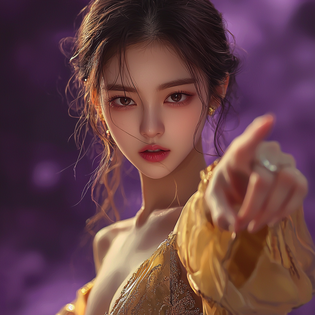 Description of a serious Korean girl in gold dress.