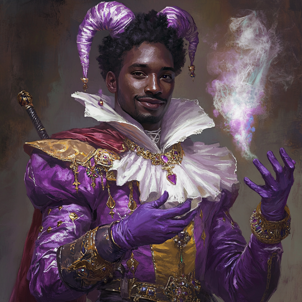 Description of sneaky dark-skinned man in jester costume.