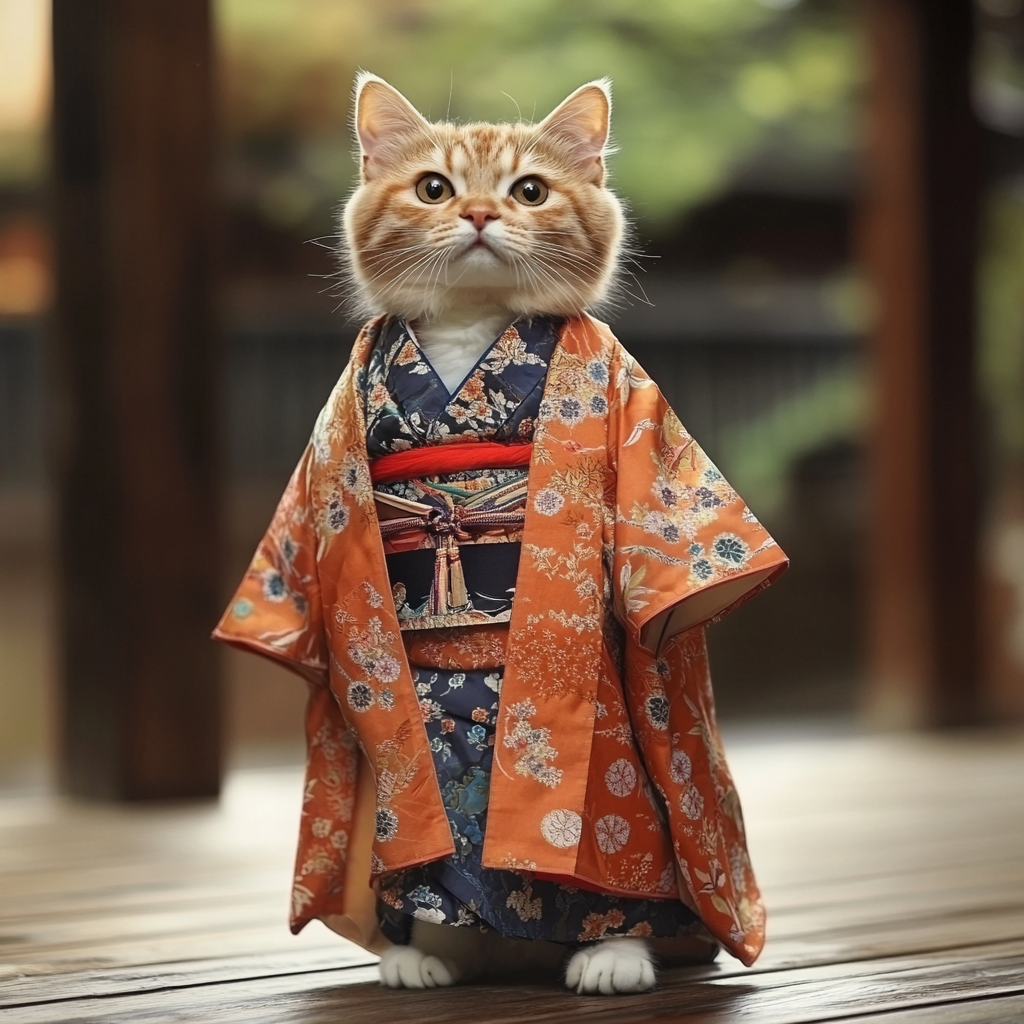 Desenhe gato persa com kimono japonês elegante.