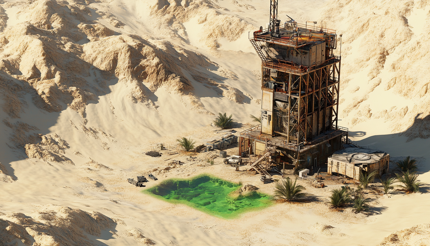 Desert Outpost with Oasis Fountain and Watchtower.