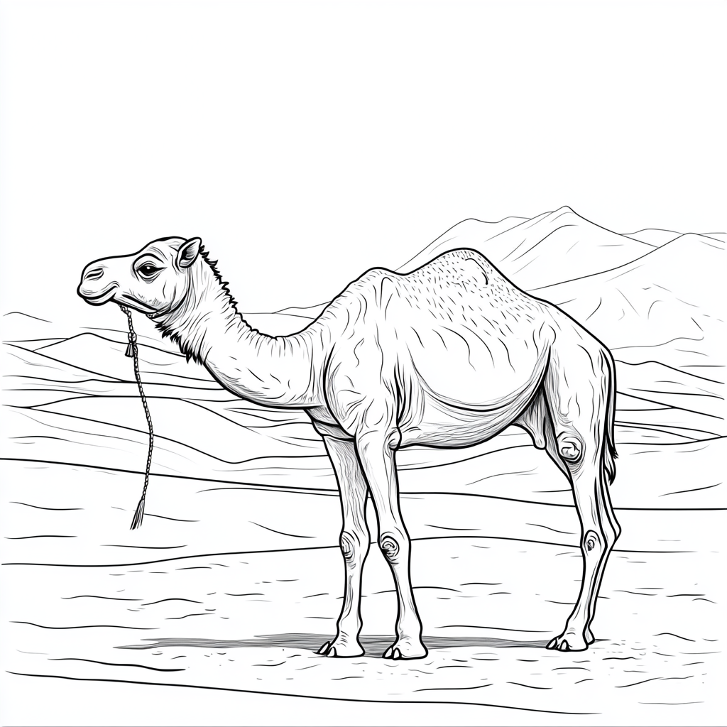 Desert camel with sand dunes for coloring book.