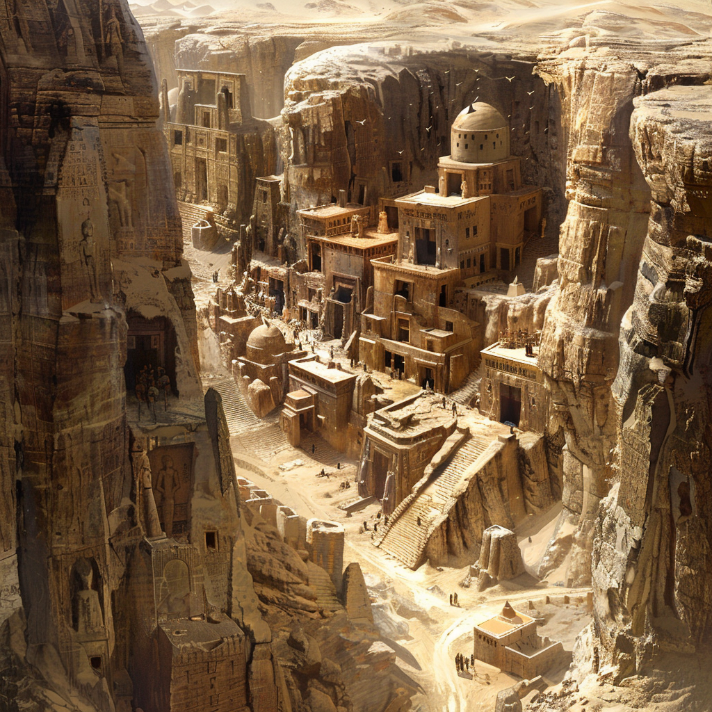 Desert city with ancient tombs, stone buildings, muted tones.