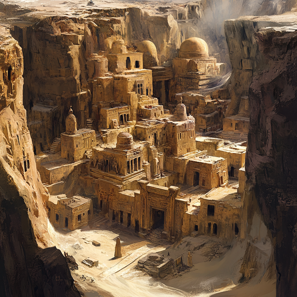 Desert city with ancient tombs and carved buildings.