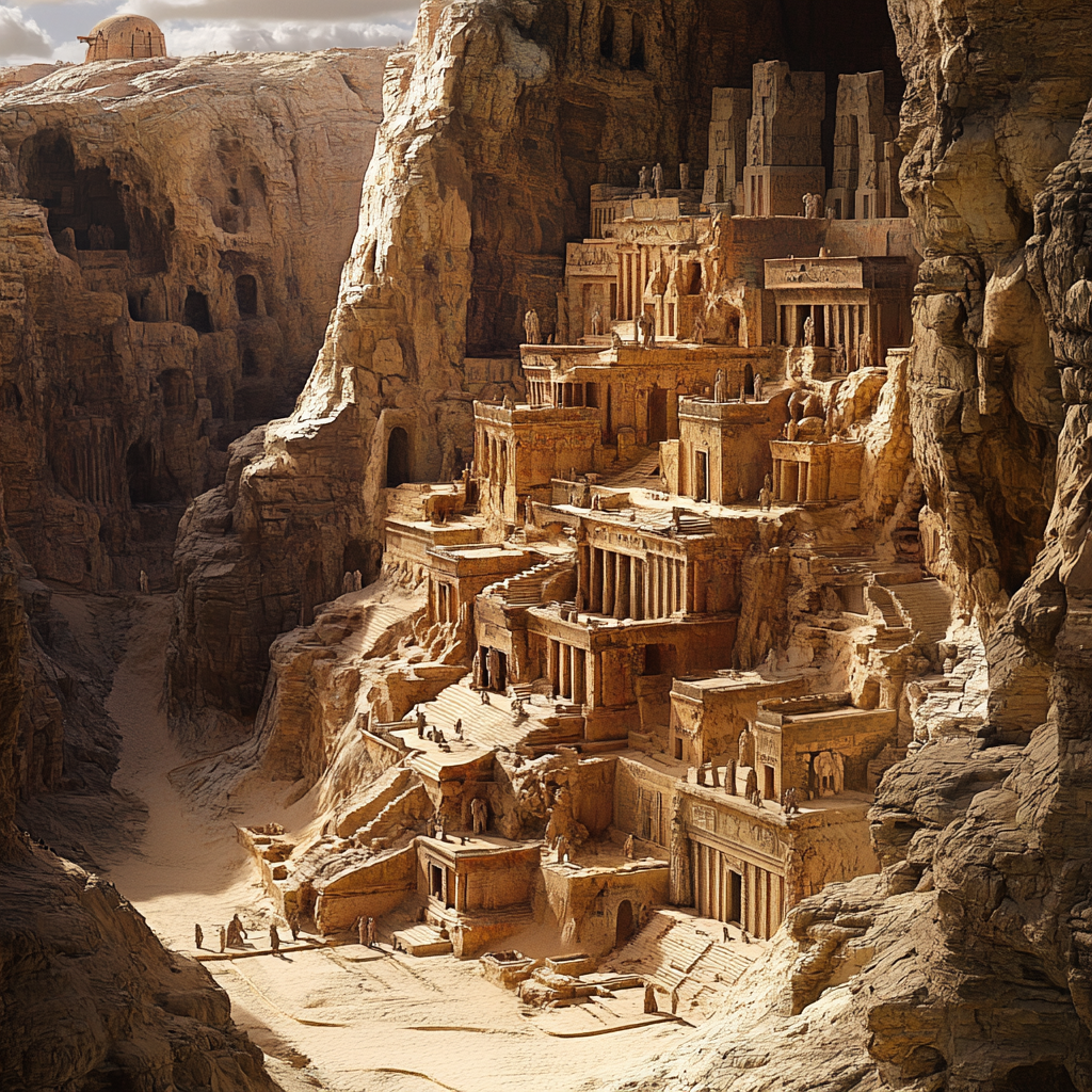 Desert city with ancient tombs and stone buildings.