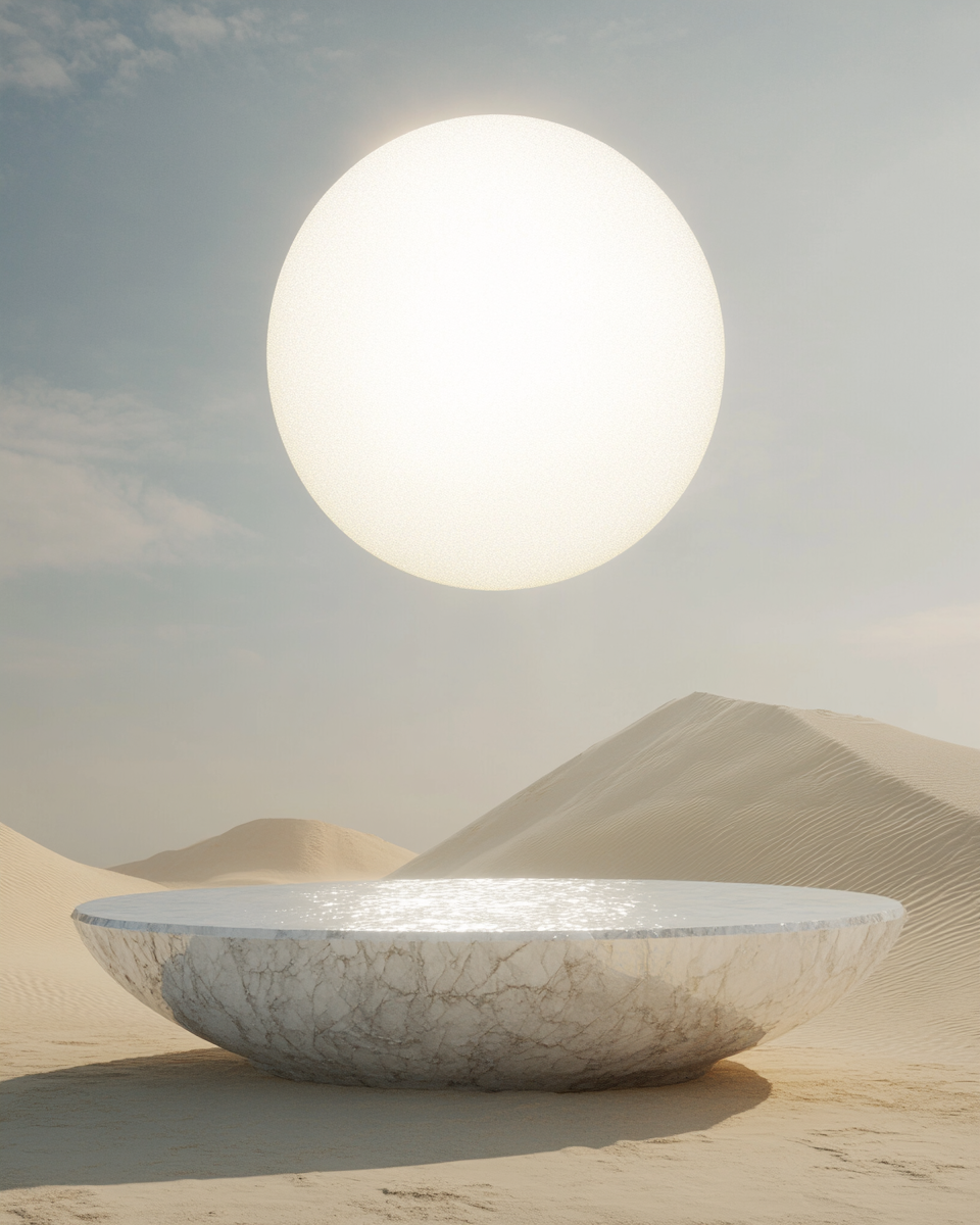 Desert dune with crystal oval platform, golden sky contrast.