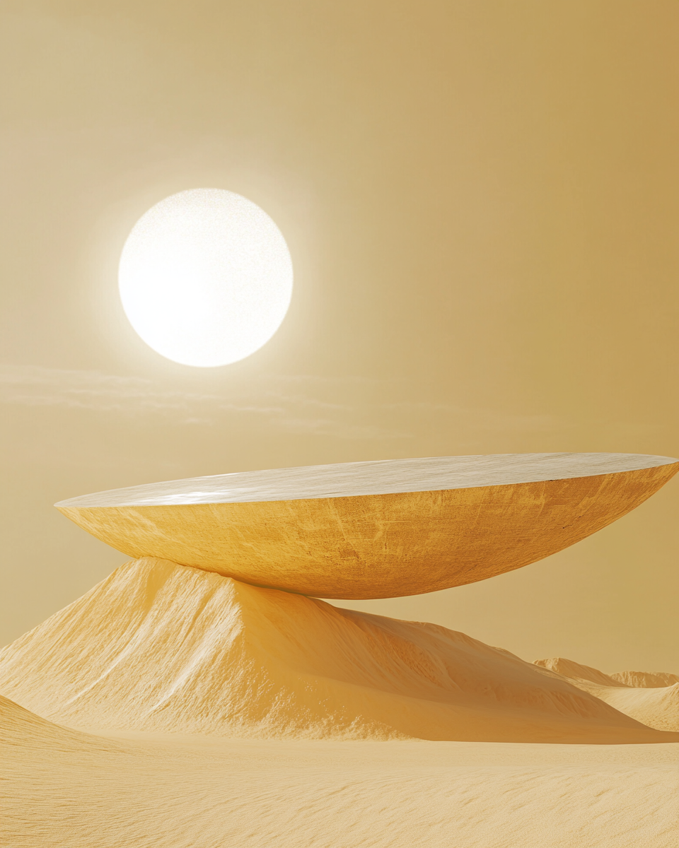 Desert dune with flying oval platform, white sun above.