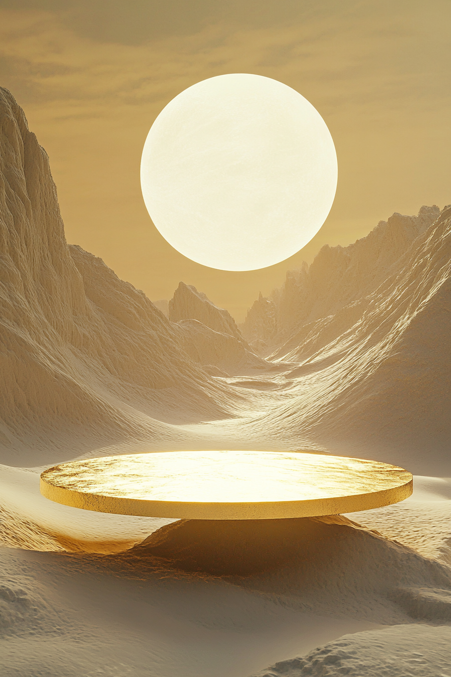 Desert dune with yellow crystal platform under cosmic sky.