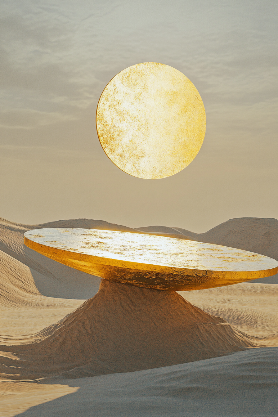 Desert landscape with golden oval platform under cosmic sky.