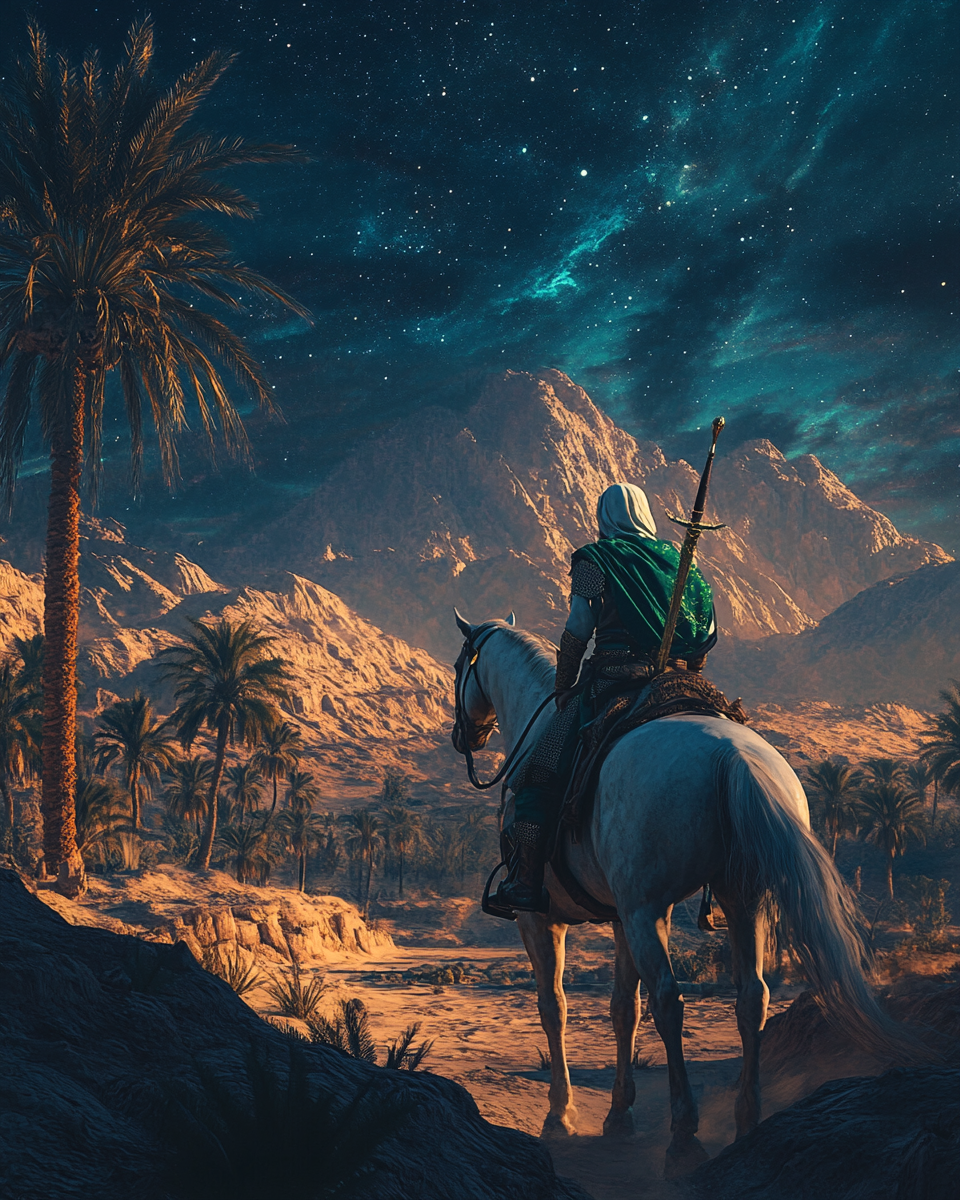 Desert night scene: Horserider in Arabian robes with sword